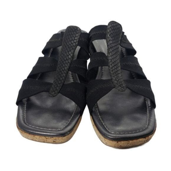 Donald J. Pliner Black Elastic Cork Wedge Sandals Size 10 Womens Platform Slides - Picture 5 of 9